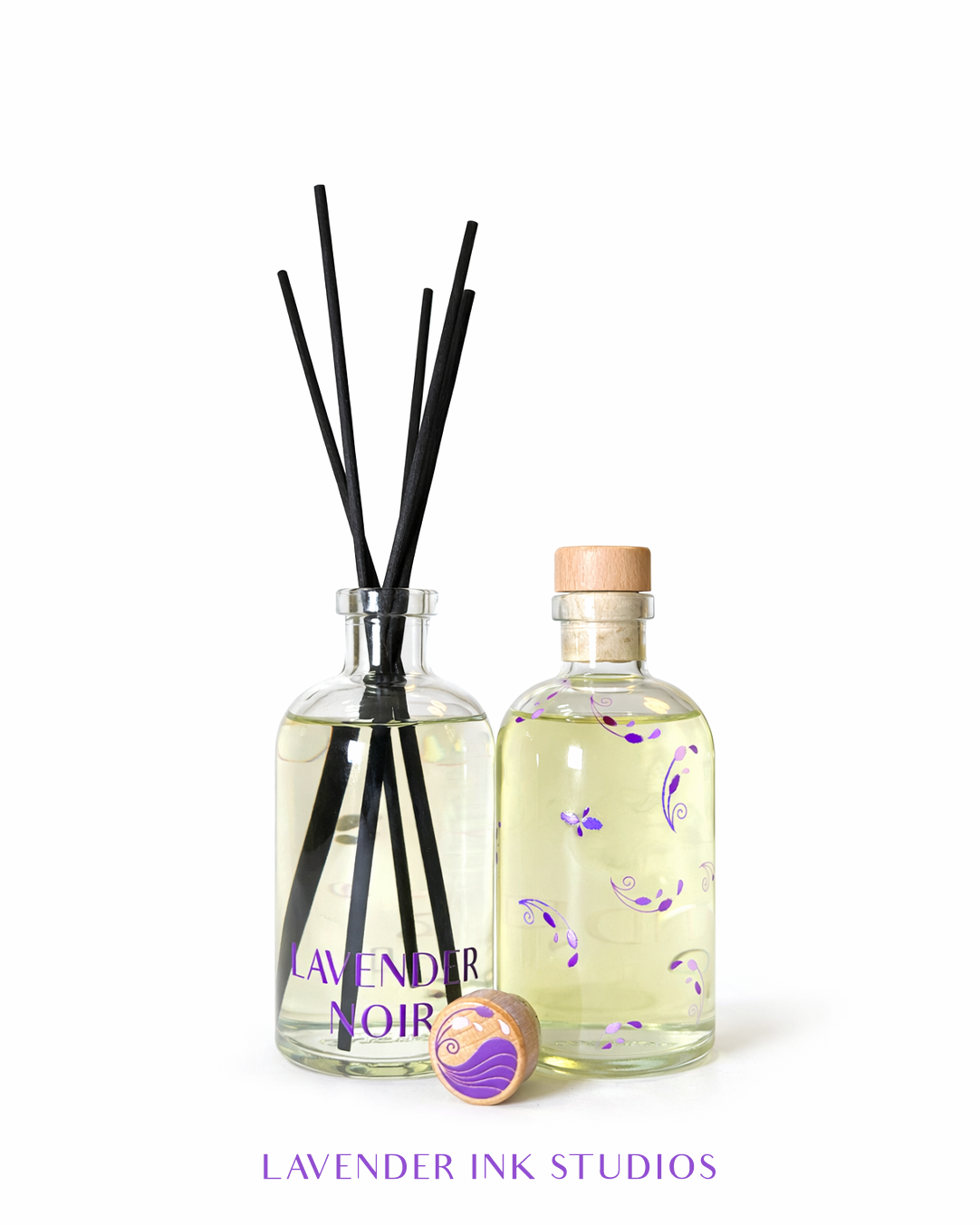 Lavender Noir reed diffuser front and decorative back views by Lavender Ink Studios