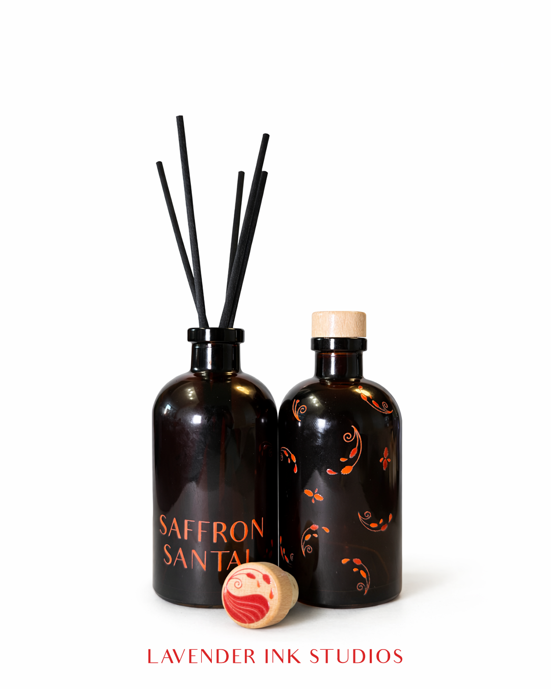 Saffron Santal reed diffuser front and decorative back views by Lavender Ink Studios