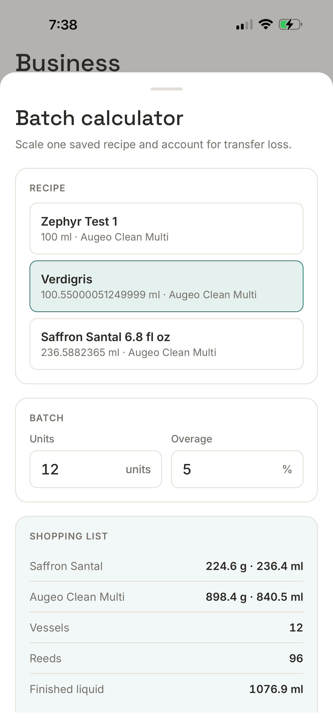 Waft batch calculator and shopping list