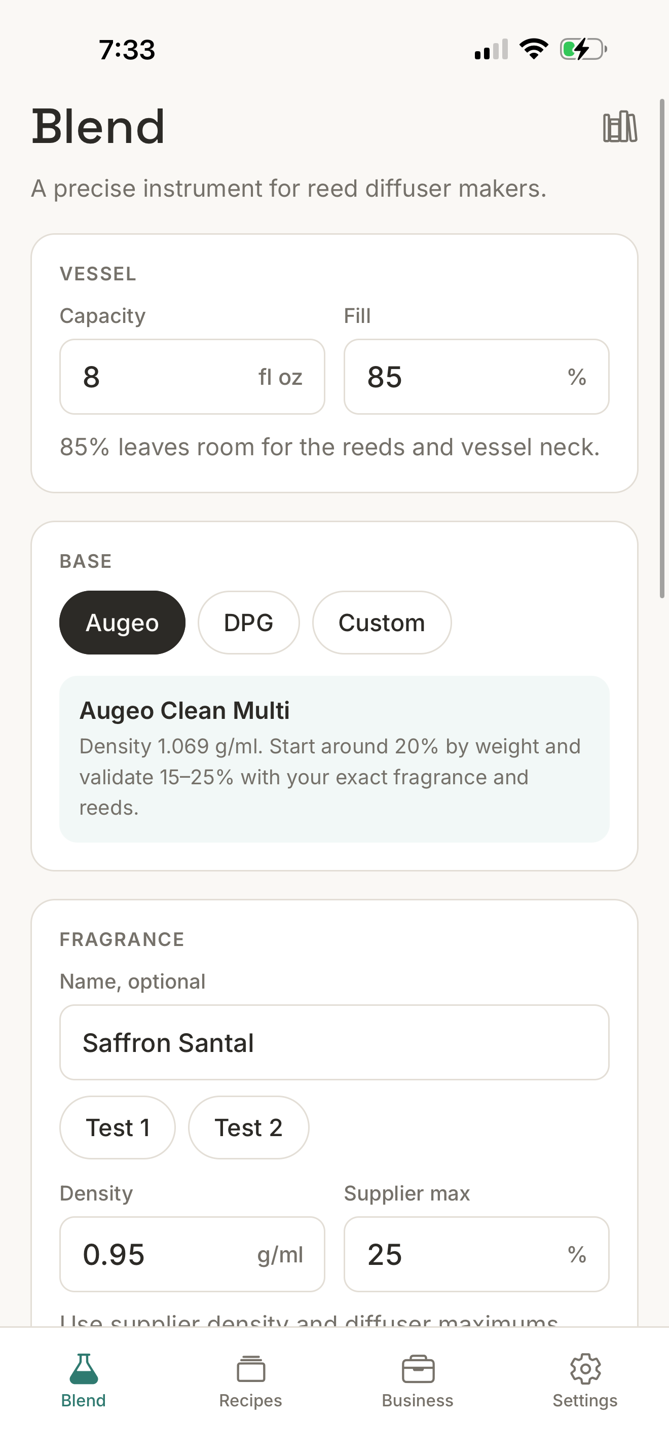 Waft blend calculator screen