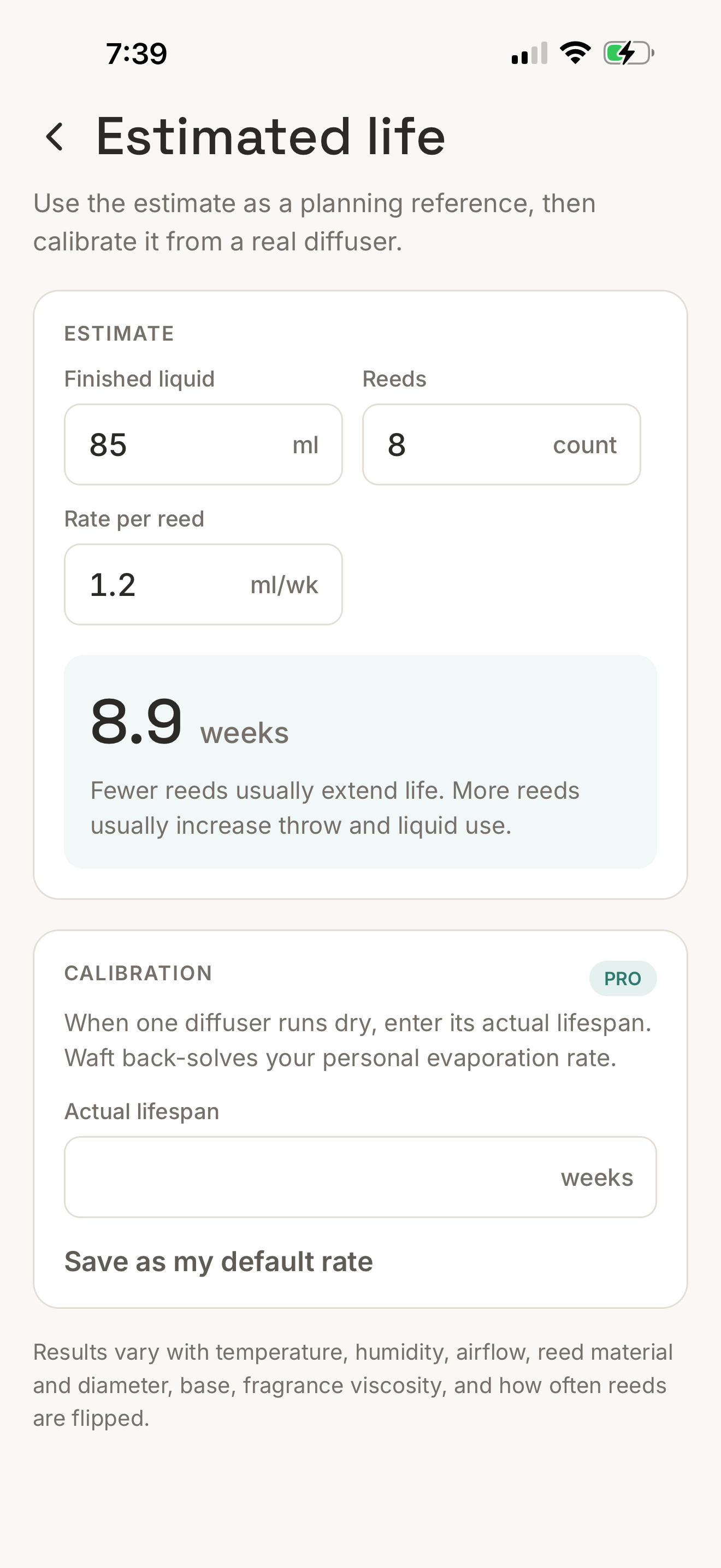 Waft diffuser life estimator and calibration