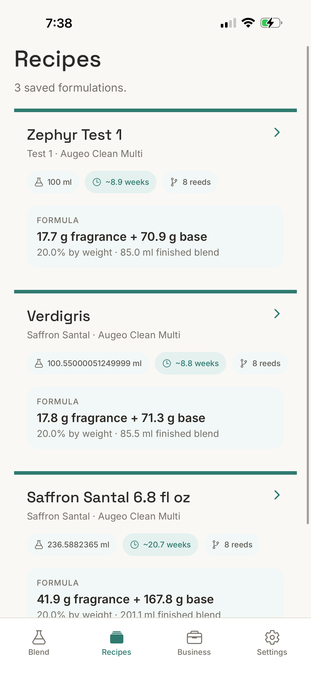 Saved reed diffuser recipes in Waft